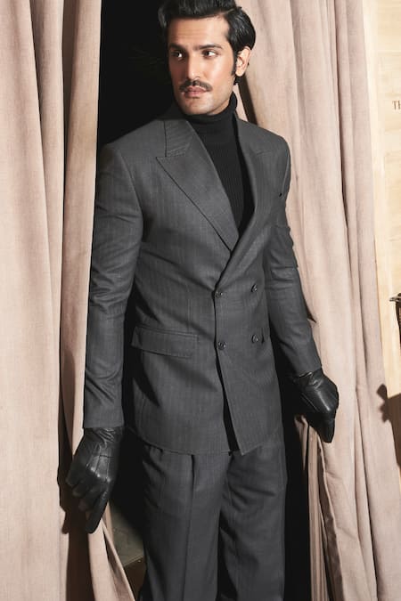 Buy_Asuka_Grey Wool Pinstriped Double Breasted Blazer With Trouser _Online_at_Aza_Fashions