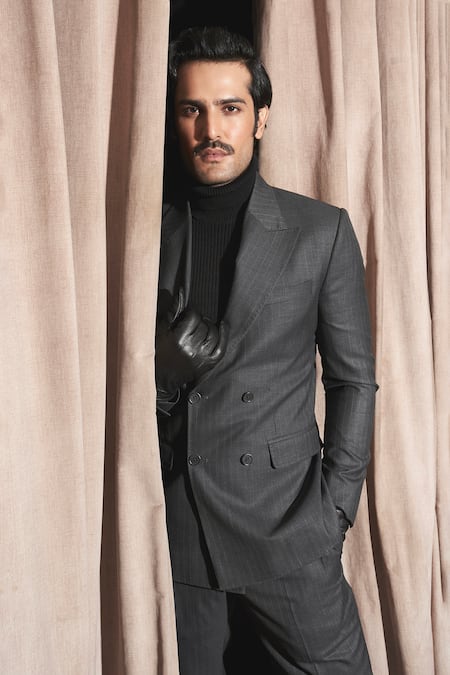 Shop_Asuka_Grey Wool Pinstriped Double Breasted Blazer With Trouser _Online_at_Aza_Fashions