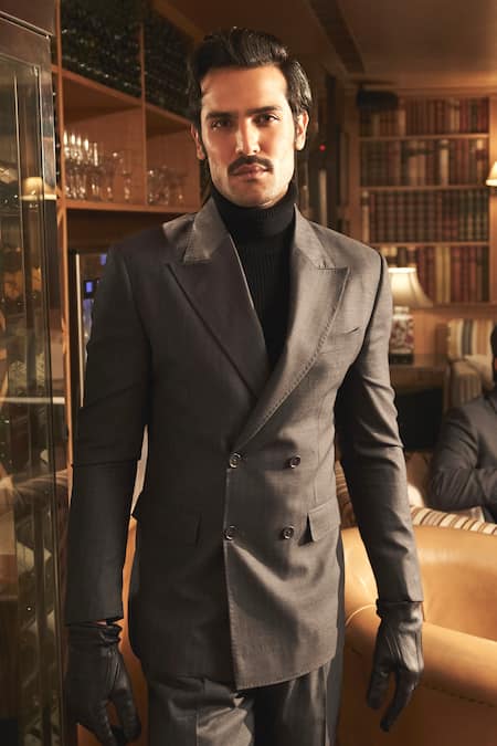 Asuka_Grey Wool Pinstriped Double Breasted Blazer With Trouser _at_Aza_Fashions