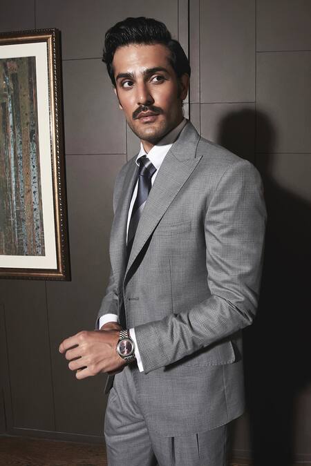 Asuka_Grey Wool Glen Checkered Double Breasted Blazer With Trouser _Online_at_Aza_Fashions