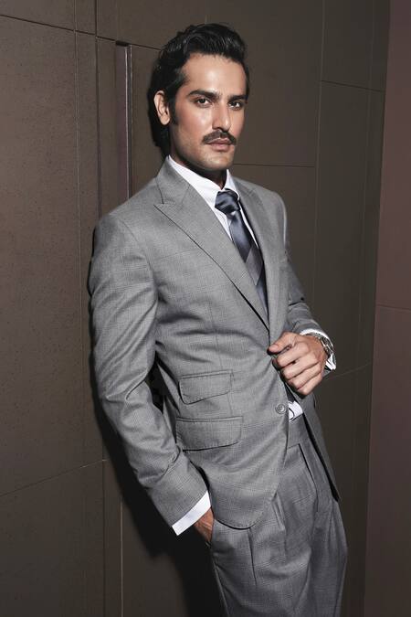 Buy_Asuka_Grey Wool Glen Checkered Double Breasted Blazer With Trouser _Online_at_Aza_Fashions