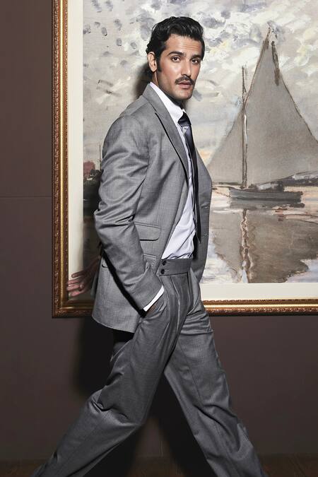 Shop_Asuka_Grey Wool Glen Checkered Double Breasted Blazer With Trouser _Online_at_Aza_Fashions