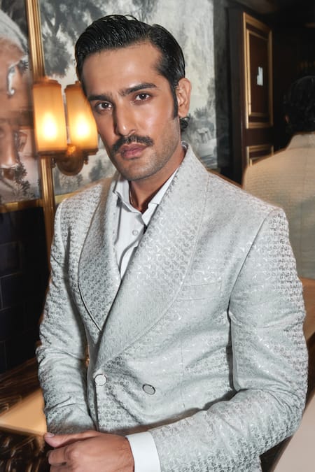 Shop_Asuka_Silver Terrycloth, Wool Embroidery Sterling Shawl Lapel Tuxedo With Trouser _Online_at_Aza_Fashions