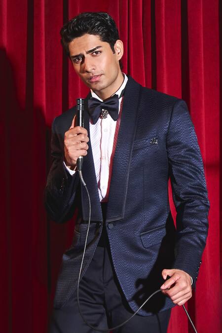 Asuka Blue Terrycloth Embroidery Mirage Wave Pattern Tuxedo With Trouser Online at Aza Fashions Asuka_Blue Terrycloth Embroidery Mirage Wave Pattern Tuxedo With Trouser _Online_at_Aza_Fashions