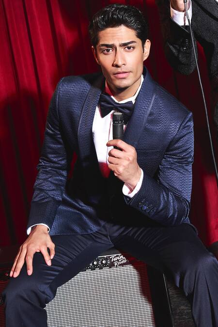 Buy Asuka Blue Terrycloth Embroidery Mirage Wave Pattern Tuxedo With Trouser Online at Aza Fashions Buy_Asuka_Blue Terrycloth Embroidery Mirage Wave Pattern Tuxedo With Trouser _Online_at_Aza_Fashions