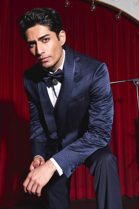 Shop Asuka Blue Terrycloth Embroidery Mirage Wave Pattern Tuxedo With Trouser Online at Aza Fashions Shop_Asuka_Blue Terrycloth Embroidery Mirage Wave Pattern Tuxedo With Trouser _Online_at_Aza_Fashions