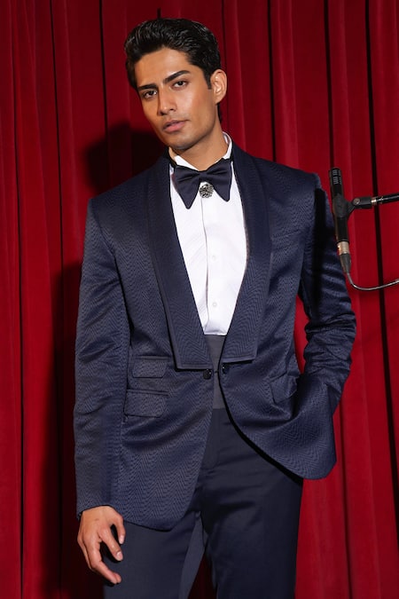 Shop Asuka Blue Terrycloth Embroidery Mirage Wave Pattern Tuxedo With Trouser at Aza Fashions Shop_Asuka_Blue Terrycloth Embroidery Mirage Wave Pattern Tuxedo With Trouser _at_Aza_Fashions