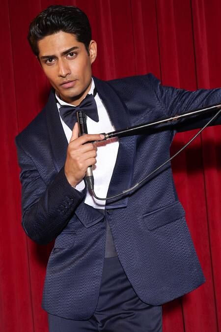 Asuka Blue Terrycloth Embroidery Mirage Wave Pattern Tuxedo With Trouser at Aza Fashions Asuka_Blue Terrycloth Embroidery Mirage Wave Pattern Tuxedo With Trouser _at_Aza_Fashions