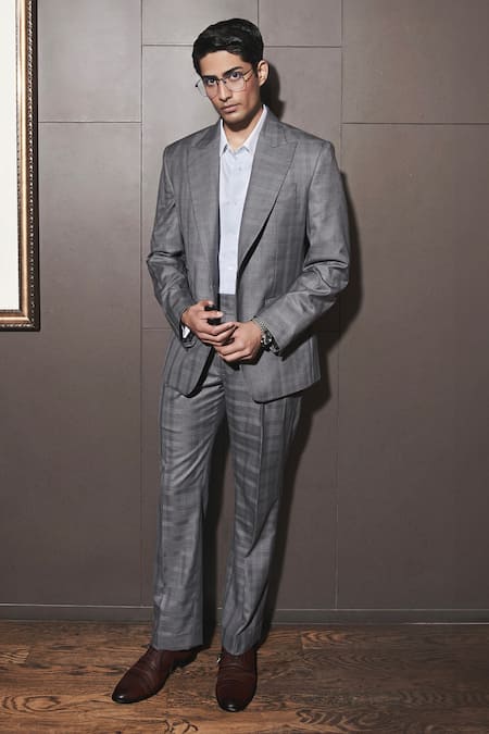 Asuka_Grey Wool Self Checkered Pattern Blazer With Trouser _Online_at_Aza_Fashions