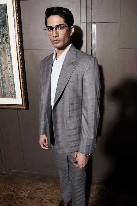 Asuka_Grey Wool Self Checkered Pattern Blazer With Trouser _at_Aza_Fashions