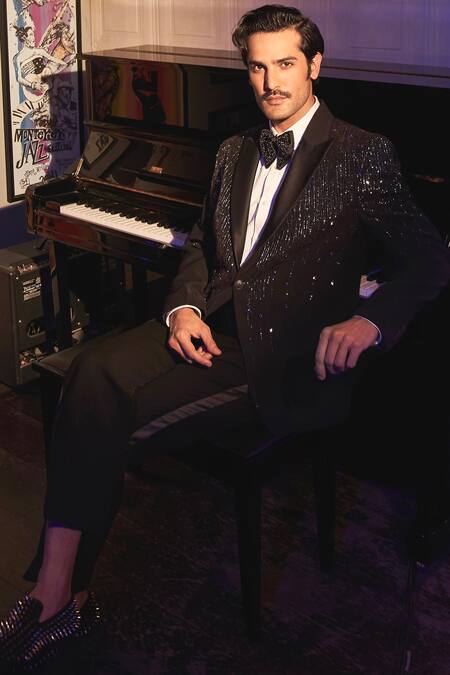 Asuka Black Viscose, Rayon Sequins Noir Cascade Embroidered Tuxedo Blazer With Trouser Online at Aza Fashions Asuka_Black Viscose, Rayon Sequins Noir Cascade Embroidered Tuxedo Blazer With Trouser _Online_at_Aza_Fashions