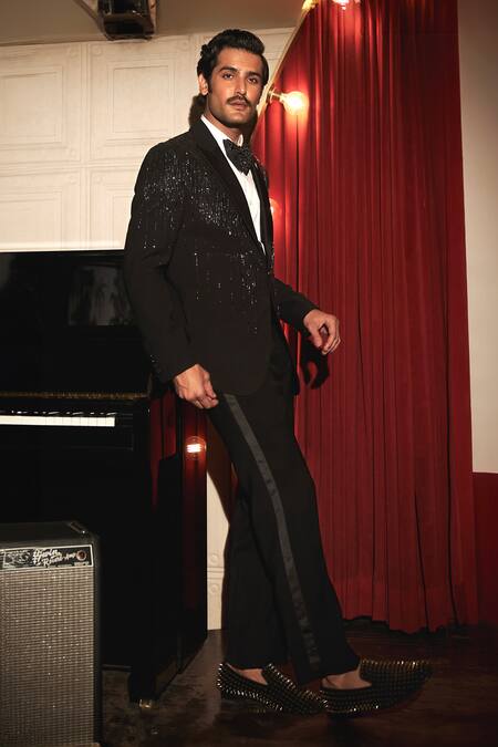 Shop Asuka Black Viscose, Rayon Sequins Noir Cascade Embroidered Tuxedo Blazer With Trouser Online at Aza Fashions Shop_Asuka_Black Viscose, Rayon Sequins Noir Cascade Embroidered Tuxedo Blazer With Trouser _Online_at_Aza_Fashions