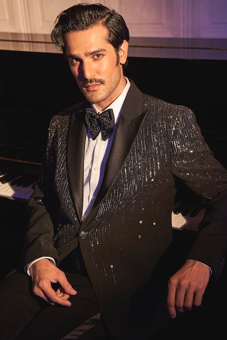 Asuka Black Viscose, Rayon Sequins Noir Cascade Embroidered Tuxedo Blazer With Trouser at Aza Fashions Asuka_Black Viscose, Rayon Sequins Noir Cascade Embroidered Tuxedo Blazer With Trouser _at_Aza_Fashions