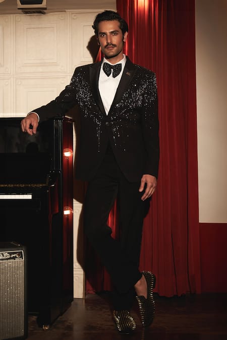 Shop Asuka Black Viscose, Rayon Sequins Noir Cascade Embroidered Tuxedo Blazer With Trouser at Aza Fashions Shop_Asuka_Black Viscose, Rayon Sequins Noir Cascade Embroidered Tuxedo Blazer With Trouser _at_Aza_Fashions