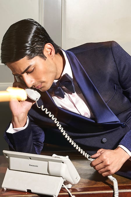 Shop Asuka Blue Viscose, Rayon Elysian Nightfall Tuxedo With Trouser Online at Aza Fashions Shop_Asuka_Blue Viscose, Rayon Elysian Nightfall Tuxedo With Trouser _Online_at_Aza_Fashions