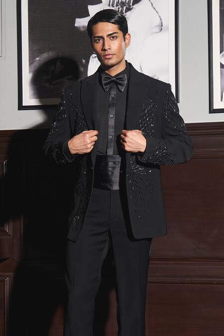 Buy Asuka Black Viscose, Rayon Embroidery Noir Butterfly Tuxedo With Trouser Online at Aza Fashions Buy_Asuka_Black Viscose, Rayon Embroidery Noir Butterfly Tuxedo With Trouser _Online_at_Aza_Fashions