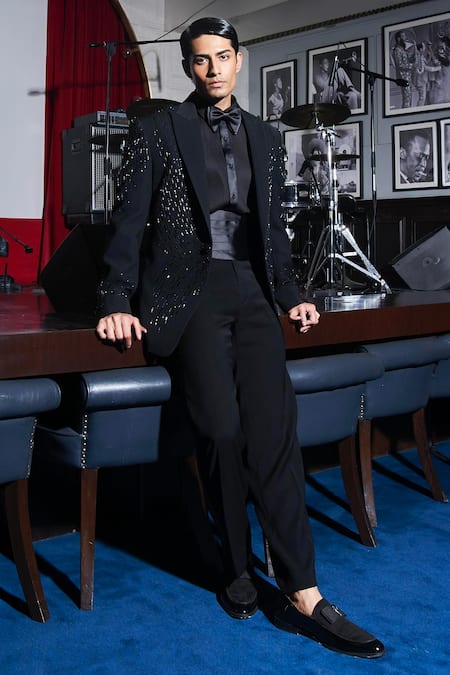 Shop Asuka Black Viscose, Rayon Embroidery Noir Butterfly Tuxedo With Trouser at Aza Fashions Shop_Asuka_Black Viscose, Rayon Embroidery Noir Butterfly Tuxedo With Trouser _at_Aza_Fashions