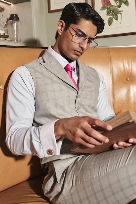 Asuka_Grey Wool Self Checkered Waistcoat With Trouser _Online_at_Aza_Fashions