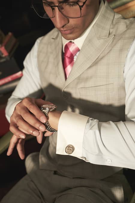 Buy_Asuka_Grey Wool Self Checkered Waistcoat With Trouser _Online_at_Aza_Fashions