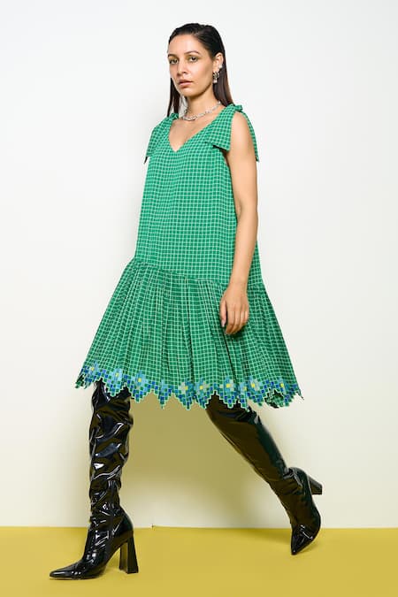 Buy_Pooja Rajgarhia Gupta_Green Georgette Sequins V-neck Honeycomb Checkered Print Dress _Online_at_Aza_Fashions