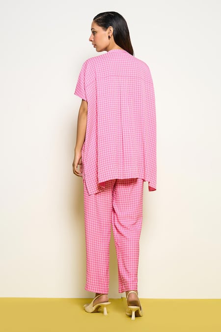 Pooja Rajgarhia Gupta_Pink Georgette Sequins, Embroidery Bandeau Neck Square Checkered Print Shirt _Online_at_Aza_Fashions