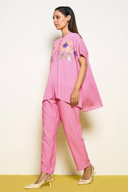 Shop_Pooja Rajgarhia Gupta_Pink Georgette Sequins, Embroidery Bandeau Neck Square Checkered Print Shirt _Online_at_Aza_Fashions