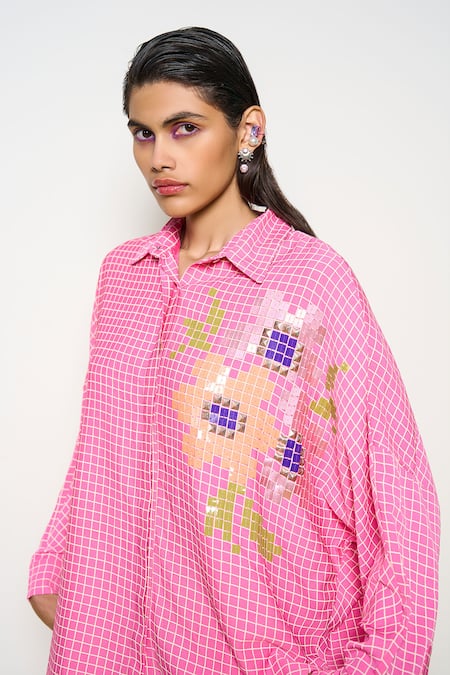 Pooja Rajgarhia Gupta_Pink Georgette Sequins, Embroidery Collared Checkered Print Shirt _Online_at_Aza_Fashions