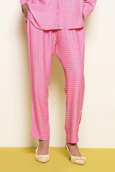 Pooja Rajgarhia Gupta_Pink Georgette Checkered Print Pant _Online_at_Aza_Fashions