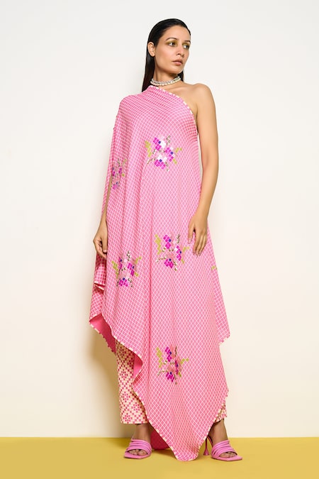 Buy_Pooja Rajgarhia Gupta_Pink Georgette Sequins, Embroidery One Checkered Print Kaftan And Pant Set _Online_at_Aza_Fashions