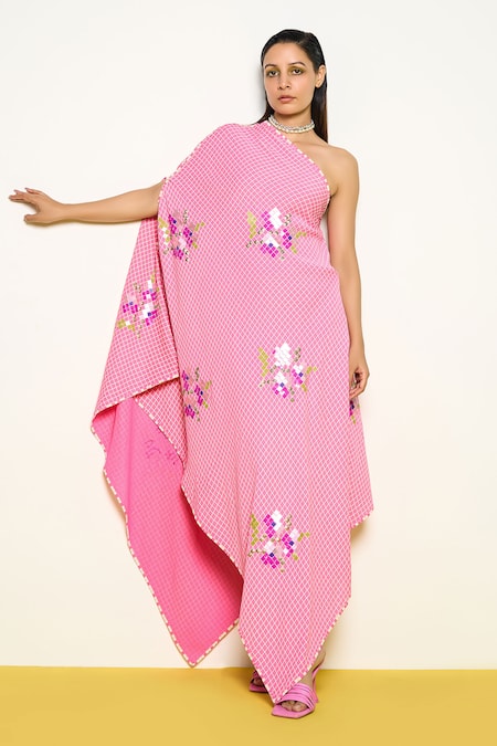 Shop_Pooja Rajgarhia Gupta_Pink Georgette Sequins, Embroidery One Checkered Print Kaftan And Pant Set _Online_at_Aza_Fashions