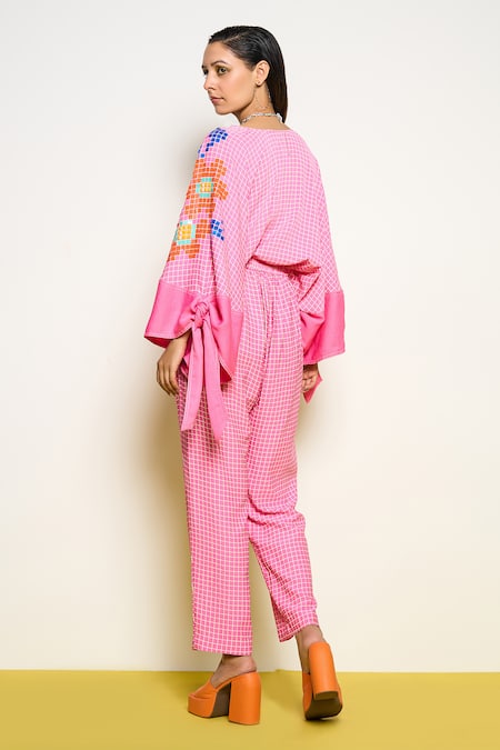 Pooja Rajgarhia Gupta_Pink Crepe, Georgette Sequins, Embroidery V-neck Butterfly Print Shirt _Online_at_Aza_Fashions