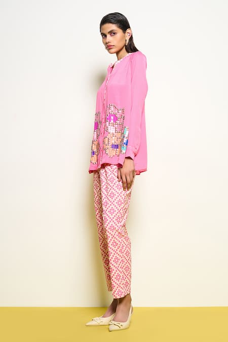 Pooja Rajgarhia Gupta_Pink Crepe, Georgette Sequins, Embroidery Bandeau Neck Printed Shirt And Pant Set _Online_at_Aza_Fashions