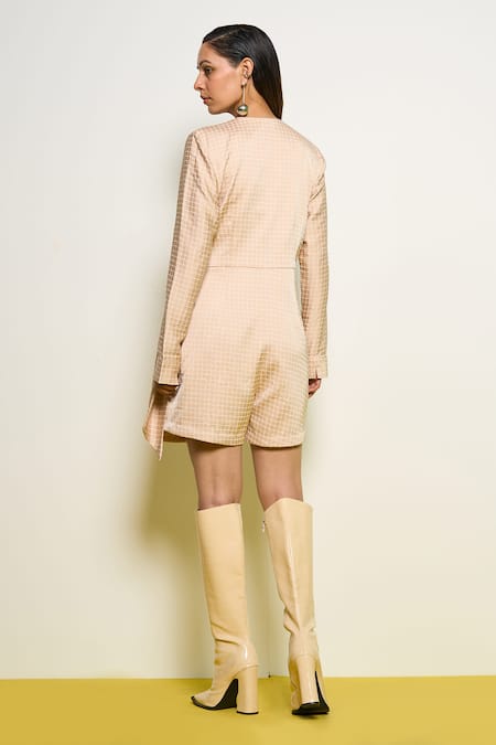 Pooja Rajgarhia Gupta Beige Satin Sequins V-neck Checkered Print Romper Online at Aza Fashions Pooja Rajgarhia Gupta_Beige Satin Sequins V-neck Checkered Print Romper _Online_at_Aza_Fashions
