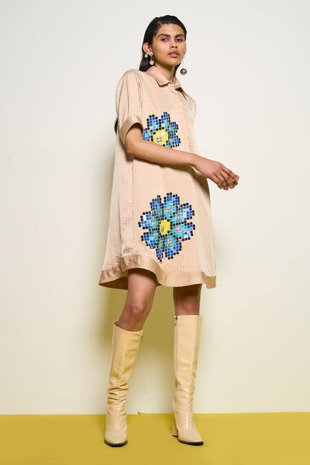 Pooja Rajgarhia Gupta_Beige Satin Sequins, Embroidery Collared Checkered Print Shift Dress _Online_at_Aza_Fashions