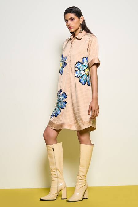 Buy_Pooja Rajgarhia Gupta_Beige Satin Sequins, Embroidery Collared Checkered Print Shift Dress _Online_at_Aza_Fashions