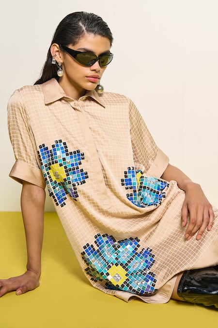 Shop_Pooja Rajgarhia Gupta_Beige Satin Sequins, Embroidery Collared Checkered Print Shift Dress _Online_at_Aza_Fashions