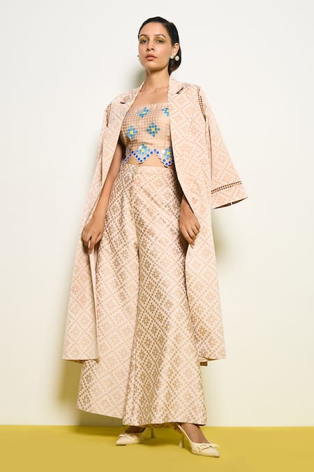 Pooja Rajgarhia Gupta Beige Satin Collared Checkered Print Jacket Online at Aza Fashions Pooja Rajgarhia Gupta_Beige Satin Collared Checkered Print Jacket _Online_at_Aza_Fashions