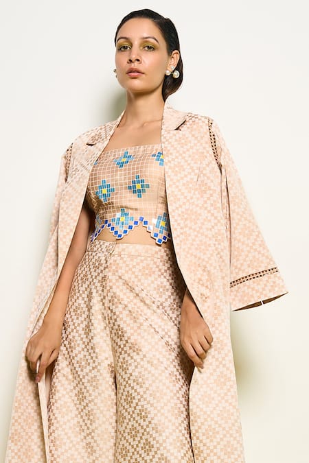 Buy Pooja Rajgarhia Gupta Beige Satin Collared Checkered Print Jacket Online at Aza Fashions Buy_Pooja Rajgarhia Gupta_Beige Satin Collared Checkered Print Jacket _Online_at_Aza_Fashions