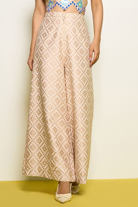 Shop Pooja Rajgarhia Gupta Beige Satin Honeycomb Checkered Print Pant at Aza Fashions Shop_Pooja Rajgarhia Gupta_Beige Satin Honeycomb Checkered Print Pant _at_Aza_Fashions