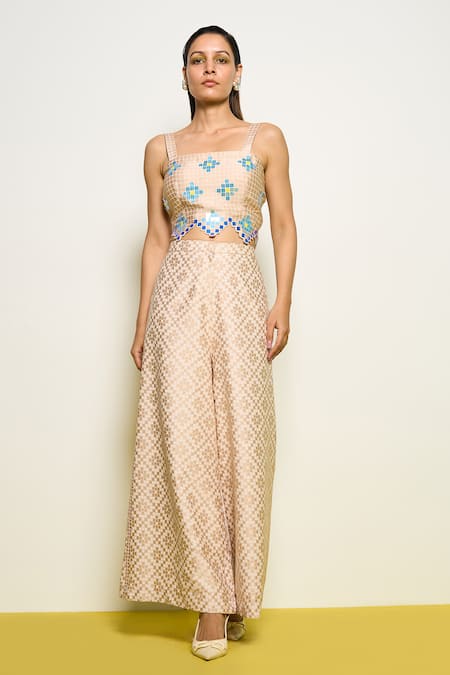 Shop Pooja Rajgarhia Gupta Beige Satin Sequins Square Neck Honeycomb Printed Bustier at Aza Fashions Shop_Pooja Rajgarhia Gupta_Beige Satin Sequins Square Neck Honeycomb Printed Bustier _at_Aza_Fashions