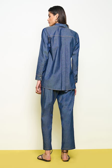 Pooja Rajgarhia Gupta_Blue Denim Sequins Collared Sunflower Hand Embroidered Shirt _Online_at_Aza_Fashions