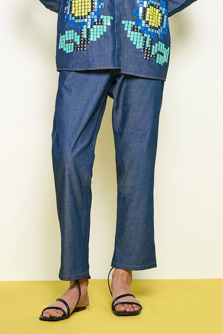 Pooja Rajgarhia Gupta_Blue Denim Trousers _Online_at_Aza_Fashions