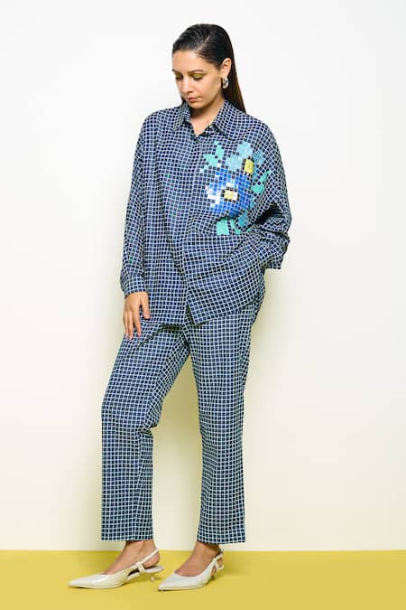 Buy_Pooja Rajgarhia Gupta_Blue Denim Sequins Collared Kimono Shirt _Online_at_Aza_Fashions