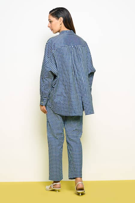 Shop_Pooja Rajgarhia Gupta_Blue Denim Checkered Pant _at_Aza_Fashions