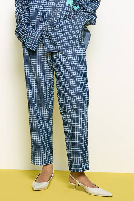 Pooja Rajgarhia Gupta_Blue Denim Checkered Pant _Online_at_Aza_Fashions