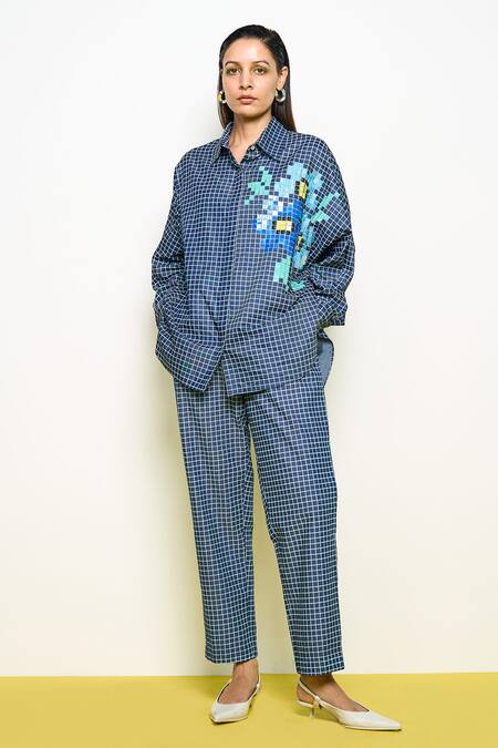 Buy_Pooja Rajgarhia Gupta_Blue Denim Checkered Pant _Online_at_Aza_Fashions