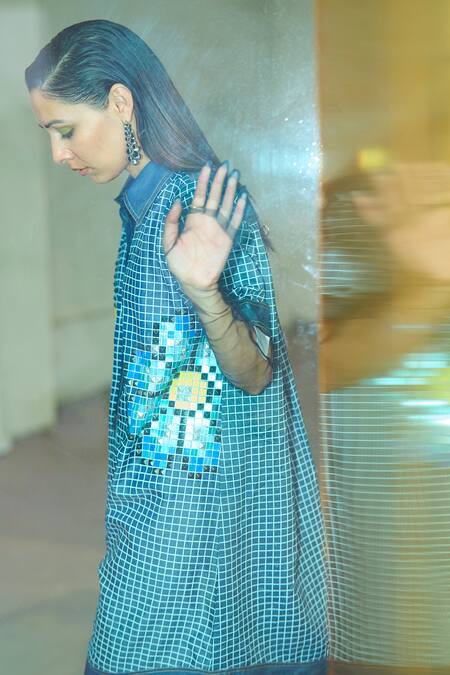 Pooja Rajgarhia Gupta_Blue Denim Sequins, Embroidery Collared Firefly Dress _Online_at_Aza_Fashions