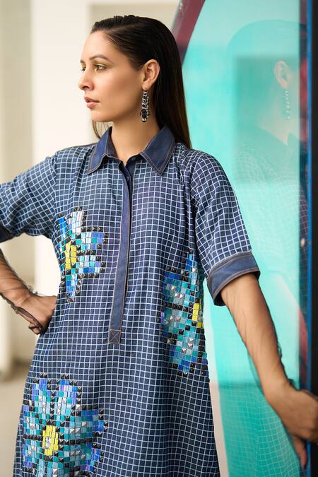 Buy_Pooja Rajgarhia Gupta_Blue Denim Sequins, Embroidery Collared Firefly Dress _Online_at_Aza_Fashions