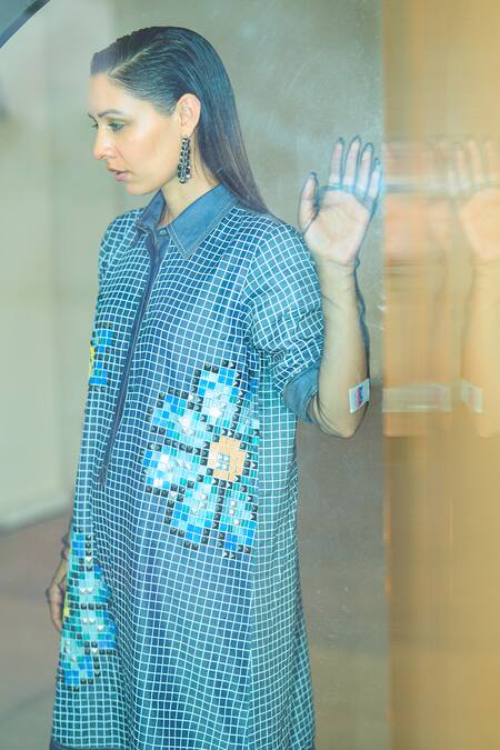 Shop_Pooja Rajgarhia Gupta_Blue Denim Sequins, Embroidery Collared Firefly Dress _Online_at_Aza_Fashions