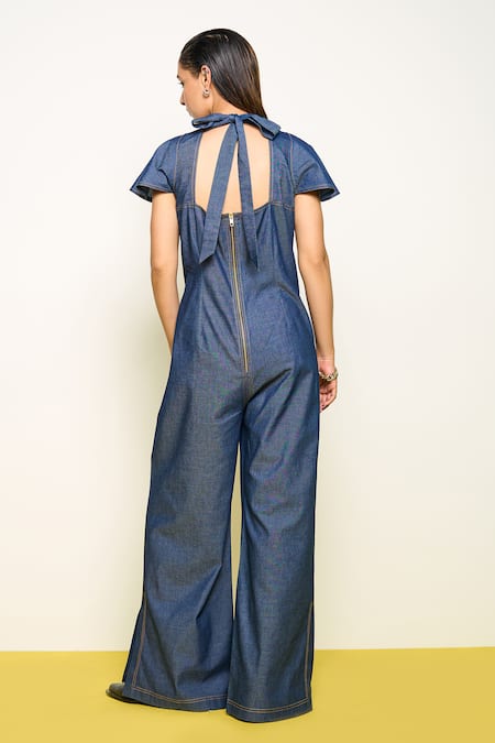 Pooja Rajgarhia Gupta Blue Denim Sequins, Embroidery V-neck Wildflower Hand Jumpsuit Online at Aza Fashions Pooja Rajgarhia Gupta_Blue Denim Sequins, Embroidery V-neck Wildflower Hand Jumpsuit _Online_at_Aza_Fashions